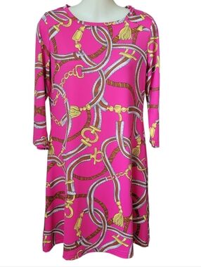 Barbara Gerwit Magenta Equestrian Belt Print Nylon Shift Dress 3/4 Sleeve SZ XS